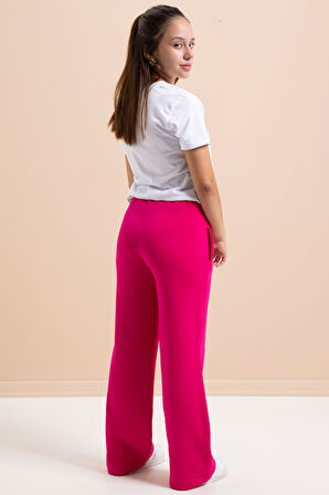 Fuşya Önü Şeritli Geniş Paça Şardonlu Kız Çocuk Basic Eşofman Altı 21278