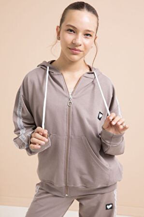 Kahverengi Dantel Şeritli Hırkalı Kız Çocuk 2li Eşofman Takımı 21245