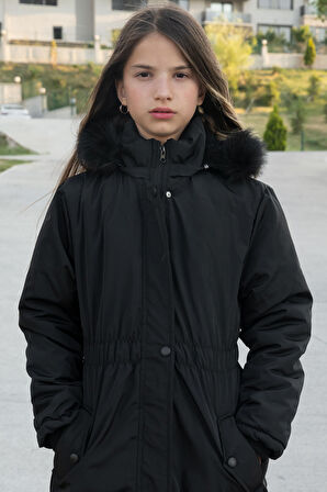 Siyah Çıtçıtlı Cepli Esnek Bel İçi Kürklü Kız Çocuk Kapüşonlu Mont 21301