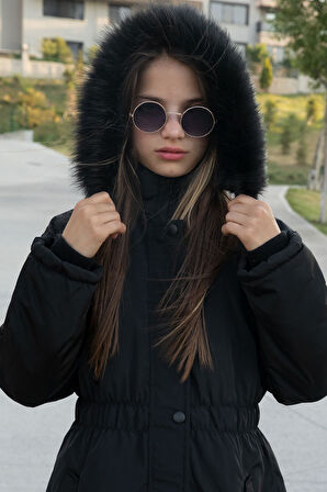 Siyah Çıtçıtlı Cepli Esnek Bel İçi Kürklü Kız Çocuk Kapüşonlu Mont 21301