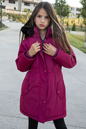 Fuşya Çıtçıtlı Cepli Esnek Bel İçi Kürklü Kız Çocuk Kapüşonlu Mont 21304