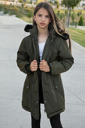 Haki Çıtçıtlı Cepli Esnek Bel İçi Kürklü Kız Çocuk Kapüşonlu Mont 21306