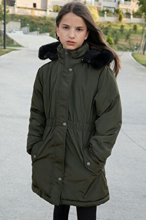 Haki Çıtçıtlı Cepli Esnek Bel İçi Kürklü Kız Çocuk Kapüşonlu Mont 21306