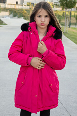 Pembe Çıtçıtlı Cepli Esnek Bel İçi Kürklü Kız Çocuk Kapüşonlu Mont 21301