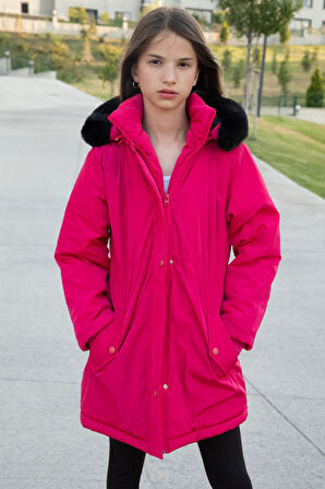 Pembe Çıtçıtlı Cepli Esnek Bel İçi Kürklü Kız Çocuk Kapüşonlu Mont 21301