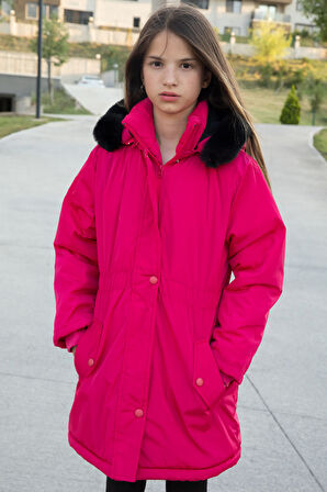 Pembe Çıtçıtlı Cepli Esnek Bel İçi Kürklü Kız Çocuk Kapüşonlu Mont 21301
