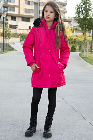 Pembe Çıtçıtlı Cepli Esnek Bel İçi Kürklü Kız Çocuk Kapüşonlu Mont 21301