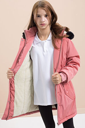 Gül Kurusu Çıtçıtlı Cepli Esnek Bel İçi Kürklü Kız Çocuk Kapüşonlu Mont 21309