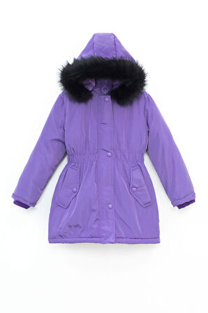 Lila Çıtçıtlı Cepli Esnek Bel İçi Kürklü Kız Çocuk Kapüşonlu Mont 21310