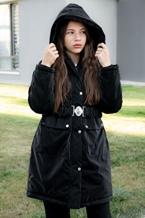 Siyah Kemerli Nubuk Kumaş Kız Çocuk İçi Kürklü Kapüşonlu Şişme Mont 21311