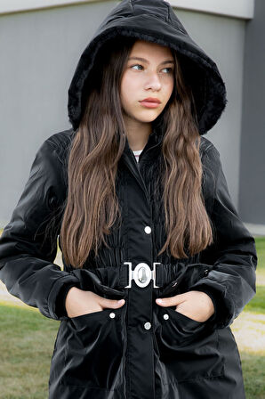 Siyah Kemerli Nubuk Kumaş Kız Çocuk İçi Kürklü Kapüşonlu Şişme Mont 21311