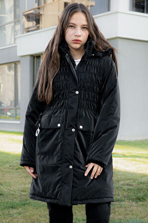 Siyah Kemerli Nubuk Kumaş Kız Çocuk İçi Kürklü Kapüşonlu Şişme Mont 21311