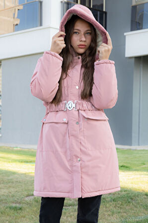 Pembe Kemerli Nubuk Kumaş Kız Çocuk İçi Kürklü Kapüşonlu Şişme Mont 21312
