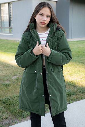 Haki Kemerli Nubuk Kumaş Kız Çocuk İçi Kürklü Kapüşonlu Şişme Mont 21313