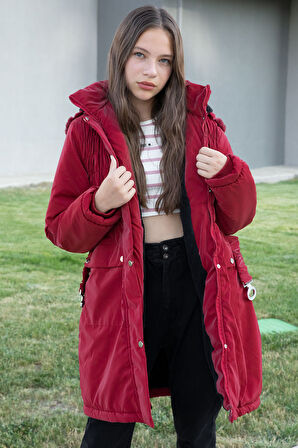 Bordo Kemerli Nubuk Kumaş Kız Çocuk İçi Kürklü Kapüşonlu Şişme Mont 21314