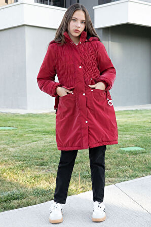 Bordo Kemerli Nubuk Kumaş Kız Çocuk İçi Kürklü Kapüşonlu Şişme Mont 21314