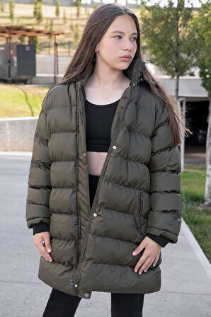 Haki İçi Kürklü Çıtçıtlı Kapüşonlu Kız Çocuk Şişme Mont 21318