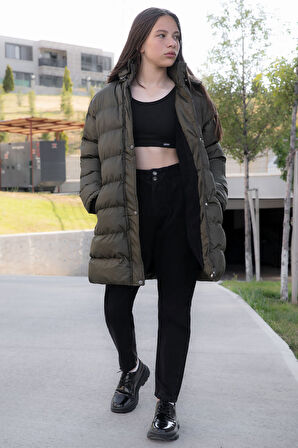 Haki İçi Kürklü Çıtçıtlı Kapüşonlu Kız Çocuk Şişme Mont 21318