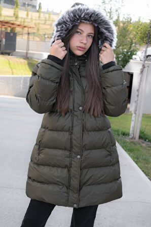 Haki İçi Kürklü Çıtçıtlı Kapüşonlu Kız Çocuk Şişme Mont 21318