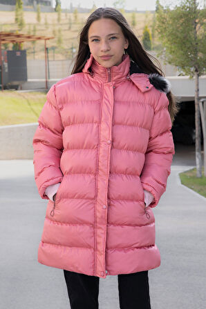 Pembe İçi Kürklü Çıtçıtlı Kapüşonlu Kız Çocuk Şişme Mont 21319