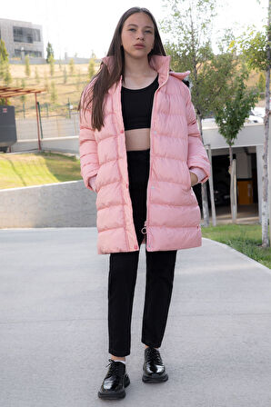 Somon İçi Kürklü Çıtçıtlı Kapüşonlu Kız Çocuk Şişme Mont 21320