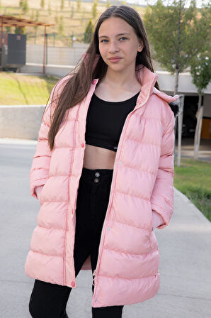 Somon İçi Kürklü Çıtçıtlı Kapüşonlu Kız Çocuk Şişme Mont 21320