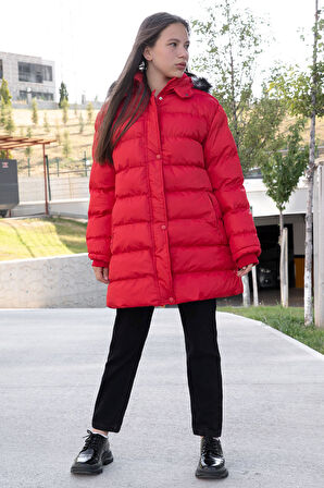 Kırmızı İçi Kürklü Çıtçıtlı Kapüşonlu Kız Çocuk Şişme Mont 21321