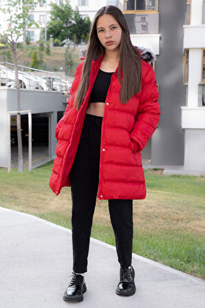 Kırmızı İçi Kürklü Çıtçıtlı Kapüşonlu Kız Çocuk Şişme Mont 21321