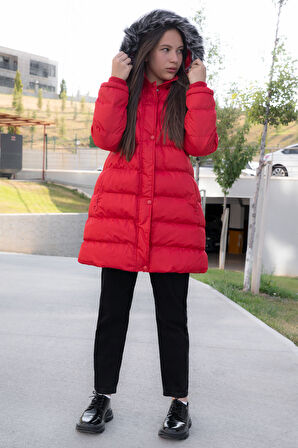 Kırmızı İçi Kürklü Çıtçıtlı Kapüşonlu Kız Çocuk Şişme Mont 21321