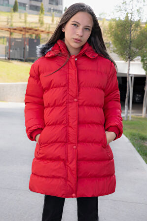 Kırmızı İçi Kürklü Çıtçıtlı Kapüşonlu Kız Çocuk Şişme Mont 21321