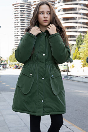 Haki Cep Detaylı İçi Kürklü Çıkarılabilir Kapüşonlu Kız Çocuk Şişme Mont 21335