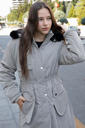 Gri Cep Detaylı İçi Kürklü Çıkarılabilir Kapüşonlu Kız Çocuk Şişme Mont 21339