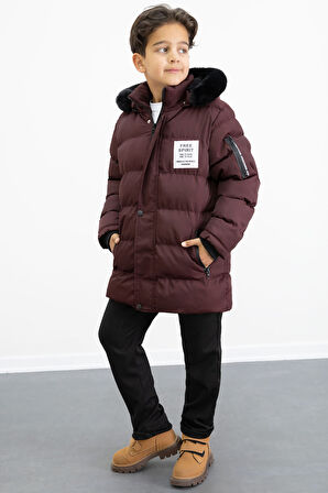 Erkek Çocuk Bordo Yazılı Arma Detaylı İçi Kürklü Kapüşonlu Şişme Mont 21346