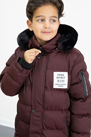 Erkek Çocuk Bordo Yazılı Arma Detaylı İçi Kürklü Kapüşonlu Şişme Mont 21346