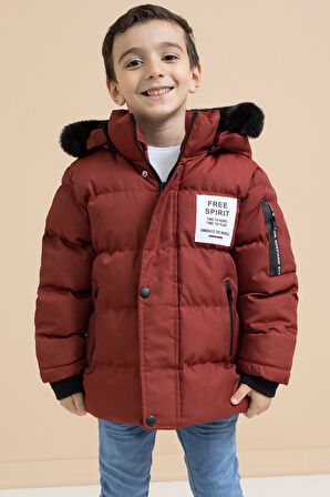 Erkek Çocuk Kiremit Yazılı Arma Detaylı İçi Kürklü Kapüşonlu Şişme Mont 21347