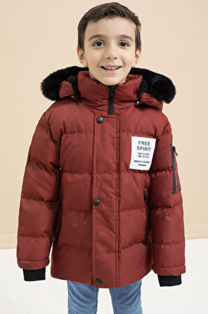 Erkek Çocuk Kiremit Yazılı Arma Detaylı İçi Kürklü Kapüşonlu Şişme Mont 21347