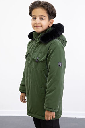 Haki Çıtçıtlı Göğüs Cepli İçi Kürklü Erkek Çocuk Kapüşonlu Mont 21348