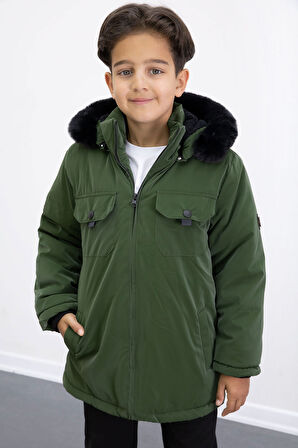 Haki Çıtçıtlı Göğüs Cepli İçi Kürklü Erkek Çocuk Kapüşonlu Mont 21348