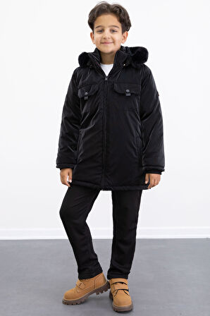 Siyah Çıtçıtlı Göğüs Cepli İçi Kürklü Erkek Çocuk Kapüşonlu Mont 21349