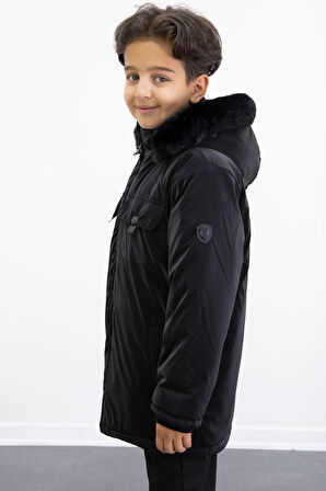 Siyah Çıtçıtlı Göğüs Cepli İçi Kürklü Erkek Çocuk Kapüşonlu Mont 21349