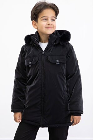 Siyah Çıtçıtlı Göğüs Cepli İçi Kürklü Erkek Çocuk Kapüşonlu Mont 21349