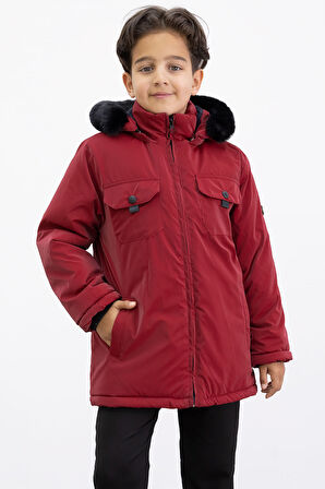 Bordo Çıtçıtlı Göğüs Cepli İçi Kürklü Erkek Çocuk Kapüşonlu Mont 21350