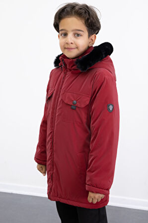 Bordo Çıtçıtlı Göğüs Cepli İçi Kürklü Erkek Çocuk Kapüşonlu Mont 21350