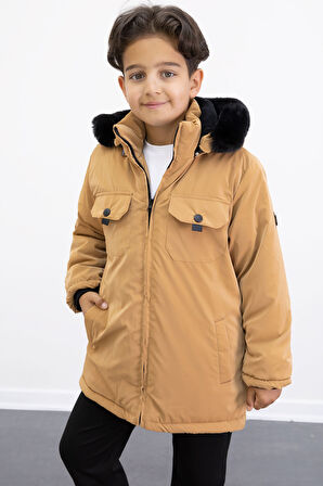 Hardal Çıtçıtlı Göğüs Cepli İçi Kürklü Erkek Çocuk Kapüşonlu Mont 21351