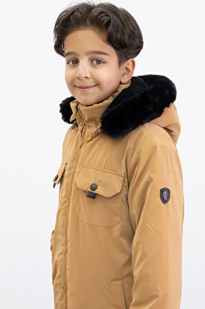 Hardal Çıtçıtlı Göğüs Cepli İçi Kürklü Erkek Çocuk Kapüşonlu Mont 21351