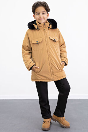 Hardal Çıtçıtlı Göğüs Cepli İçi Kürklü Erkek Çocuk Kapüşonlu Mont 21351