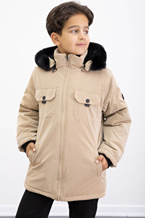 Bej Çıtçıtlı Göğüs Cepli İçi Kürklü Erkek Çocuk Kapüşonlu Mont21352