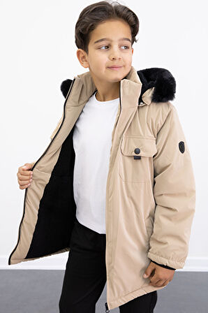 Bej Çıtçıtlı Göğüs Cepli İçi Kürklü Erkek Çocuk Kapüşonlu Mont21352