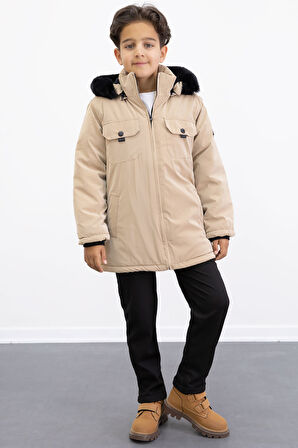 Bej Çıtçıtlı Göğüs Cepli İçi Kürklü Erkek Çocuk Kapüşonlu Mont21352
