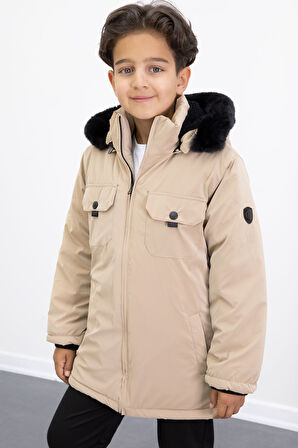 Bej Çıtçıtlı Göğüs Cepli İçi Kürklü Erkek Çocuk Kapüşonlu Mont21352